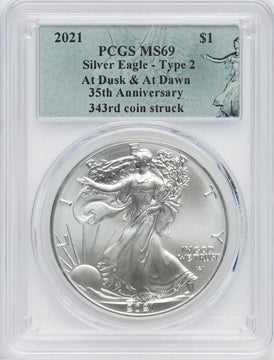 2021 American Silver Eagle Type 2 At Dusk & Dawn 35th Anniversary 343rd PCGS MS69