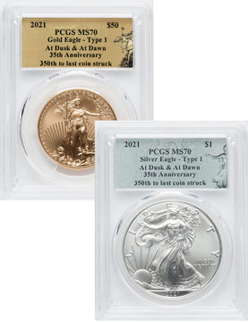 2021 2 Coin Set T1 Gold Silver Eagles 350th Dusk & Dawn 35th Anniversary PCGS MS70