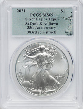 2021 American Silver Eagle Type 2 At Dusk & Dawn 35th Anniversary 383rd PCGS MS69
