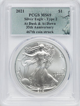2021 American Silver Eagle Type 2 At Dusk & Dawn 35th Anniversary 467th PCGS MS69