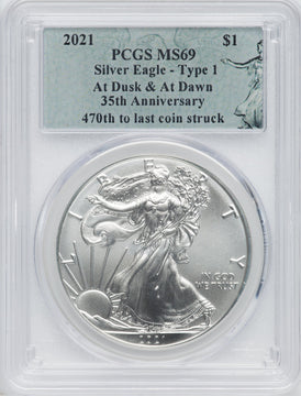 2021 American Silver Eagle Type 1 At Dusk & Dawn 35th Anniversary 470th PCGS MS69