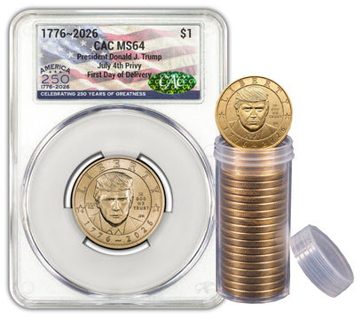 2026 President Donald J. Trump Semiquincentennial Dollar July 4th Privy FDD CAC MS64 Flag 2026 President Donald J. Trump Semiquincentennial Dollar July 4th Privy FDD CAC MS64 Flag