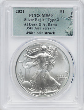 2021 American Silver Eagle Type 2 At Dusk & Dawn 35th Anniversary 498th PCGS MS69