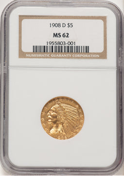 1908-D $5 Indian Half Eagle NGC MS62 (506475029)