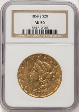 1869-S $20 Liberty Double Eagle NGC AU50