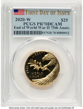 2020-W 1/2 oz Proof Gold End of World War II 75th Anniversary FDI Flag PCGS PR70 2020-W 1/2 oz Proof Gold End of World War II 75th Anniversary FDI Flag PCGS PR70