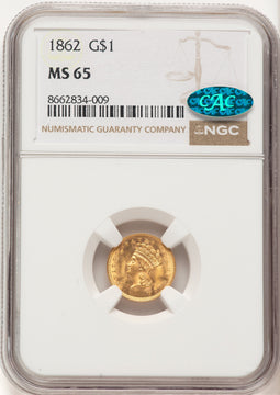 1862 G$1 CAC Gold Dollar NGC MS65