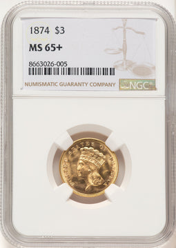 1874 $3 Three Dollar Gold Pieces NGC MS65+