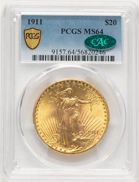 1911 $20 CAC Saint-Gaudens Double Eagle PCGS MS64
