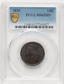 1835 1/2 C BN Half Cent PCGS MS63