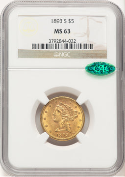 1893-S $5 CAC Liberty Half Eagle NGC MS63