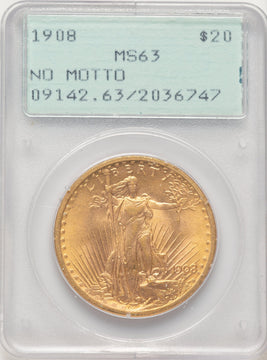 1908 $20 NO MOTTO Saint-Gaudens Double Eagle PCGS MS63 (507423010)
