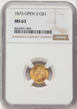 1873 G$1 OPEN 3 Gold Dollar NGC MS63
