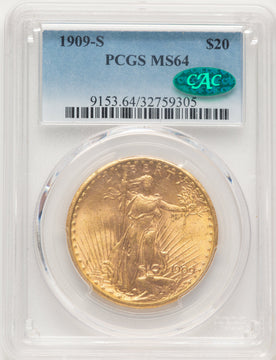 1909-S $20 CAC Saint-Gaudens Double Eagle PCGS MS64