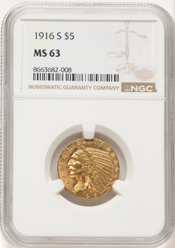 1916-S $5 Indian Half Eagle NGC MS63