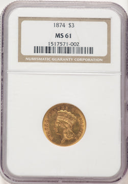1874 $3 Three Dollar Gold Pieces NGC MS61