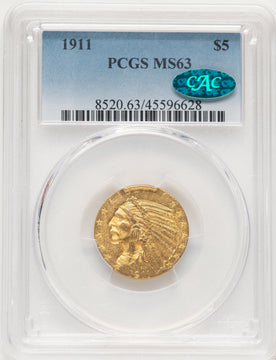 1911 $5 CAC Indian Half Eagle PCGS MS63