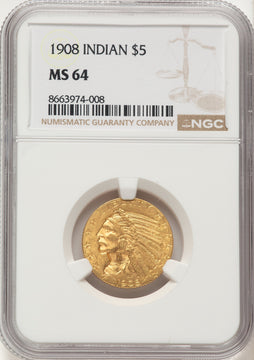 1908 $5 Indian Half Eagle NGC MS64