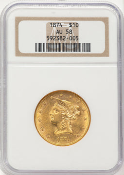 1874 $10 Liberty Eagle NGC AU58
