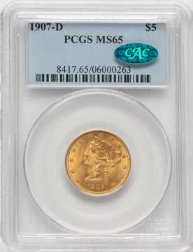 1907-D $5 CAC Liberty Half Eagle PCGS MS65