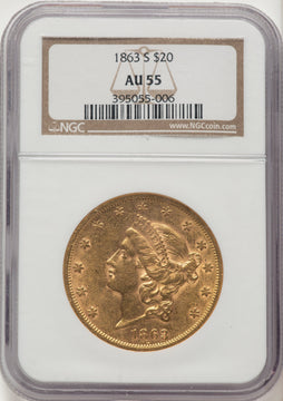 1863-S $20 Liberty Double Eagle NGC AU55