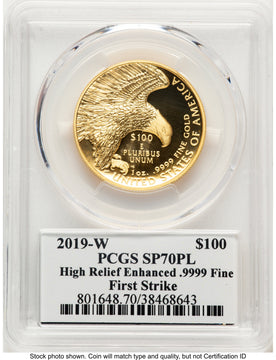 2019-W G$100 American Liberty High Relief Enhanced PL FS 2019 HR Label PCGS MS70