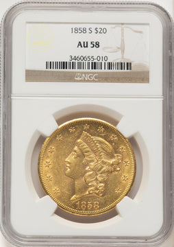 1858-S $20 Liberty Double Eagle NGC AU58 1858-S $20 Liberty Double Eagle NGC AU58