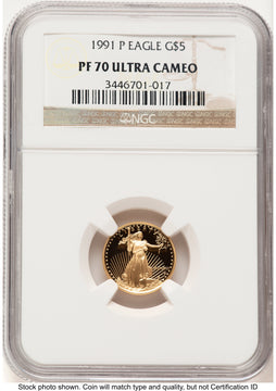 1991-P Proof Gold Eagle 1/10 oz Brown Label NGC PF70 1991-P Proof Gold Eagle 1/10 oz Brown Label NGC PF70