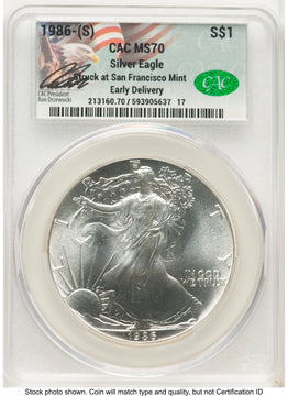 1986-(S) Silver Eagle Early Delivery Ron Drzewucki CACG MS70