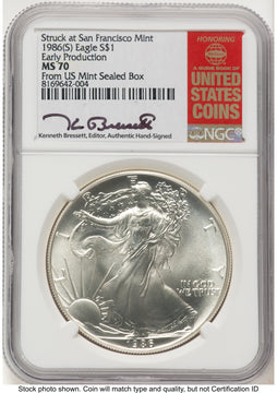 1986-(S) Silver Eagle Early Production Kenneth Bressett Red Book From US Mint Sealed Box NGC MS70 1986-(S) Silver Eagle Early Production Kenneth Bressett Red Book From US Mint Sealed Box NGC MS70