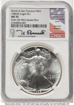 1986-(S) Silver Eagle Kenneth Bressett Portrait From US Mint Sealed Box NGC MS70