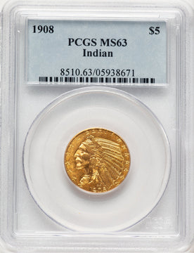 1908 $5 Indian Indian Half Eagle PCGS MS63 (520492020)