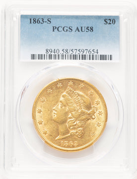1863-S $20 Liberty Double Eagle PCGS AU58