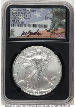 2021-W TY2 Burnished Silver Eagle 1 oz FDI Michael Gaudioso Eagle Flag NGC MS70 2021-W TY2 Burnished Silver Eagle 1 oz FDI Michael Gaudioso Eagle Flag NGC MS70