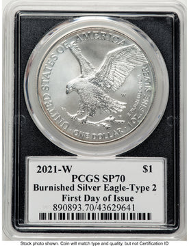 2021-W TY2 Burnished Silver Eagle 1 oz FDI Emily Damstra Blk Frame PCGS MS70 2021-W TY2 Burnished Silver Eagle 1 oz FDI Emily Damstra Blk Frame PCGS MS70