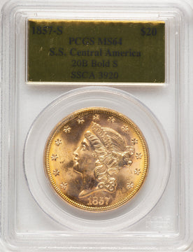 1857-S $20 Bold S Liberty Double Eagle PCGS MS64