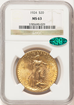 1924 $20 Saint CAC Saint-Gaudens Double Eagle NGC MS63