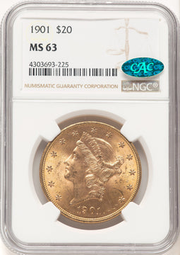 1901 $20 CAC Brown Label Liberty Double Eagle NGC MS63