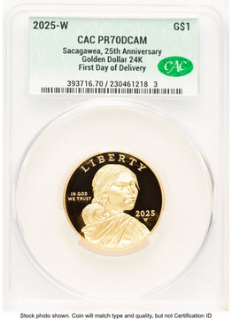 2025-W 1/2 oz Proof Gold Sacagawea 25th Anniversary First Day Of Delivery CACG PR70