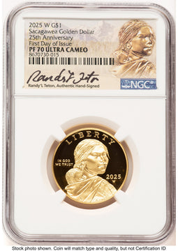 2025-W 1/2 oz Proof Gold Sacagawea 25th Anniversary FDI Randy'L Teton Golden Sacagawea NGC PF70