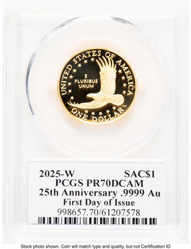 2025-W 1/2 oz Proof Gold Sacagawea 25th Anniversary FDI PCGS PR70 Ed Moy