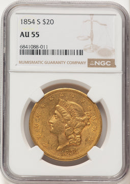 1854-S $20 Liberty Double Eagle NGC AU55