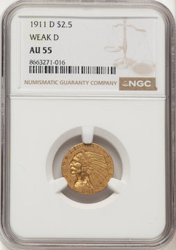 1911-D $2.50 WEAK D Indian Quarter Eagle NGC AU55 (521830030)