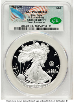 2025-W Proof Silver Eagle Privy U.S. Army 250th Anniversary 1 oz Advanced Delivery Louis Palafoutas CACG PR70 2025-W Proof Silver Eagle Privy U.S. Army 250th Anniversary 1 oz Advanced Delivery Louis Palafoutas CACG PR70