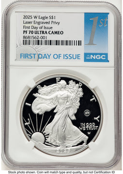 2025-W Proof Silver Eagle Privy Laser Engraved 1 oz FDI 1ST NGC PF70