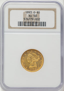 1893-O $5 Liberty Half Eagle NGC AU58