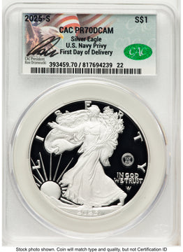 2025-S Proof Silver Eagle Privy U.S. Navy 250th Anniversary 1 oz First Day of Delivery Ron Drzewuki CACG PR70