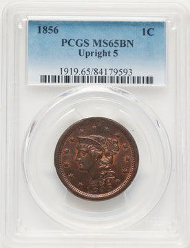 1856 1C Upright 5 BN Large Cent PCGS MS65