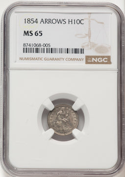 1854 H10C ARROWS Seated Half Dime NGC MS65
