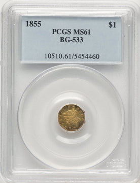 1855 Liberty Octagonal 1 Dollar BG-533 Low R.4 California Fractional Gold PCGS MS61